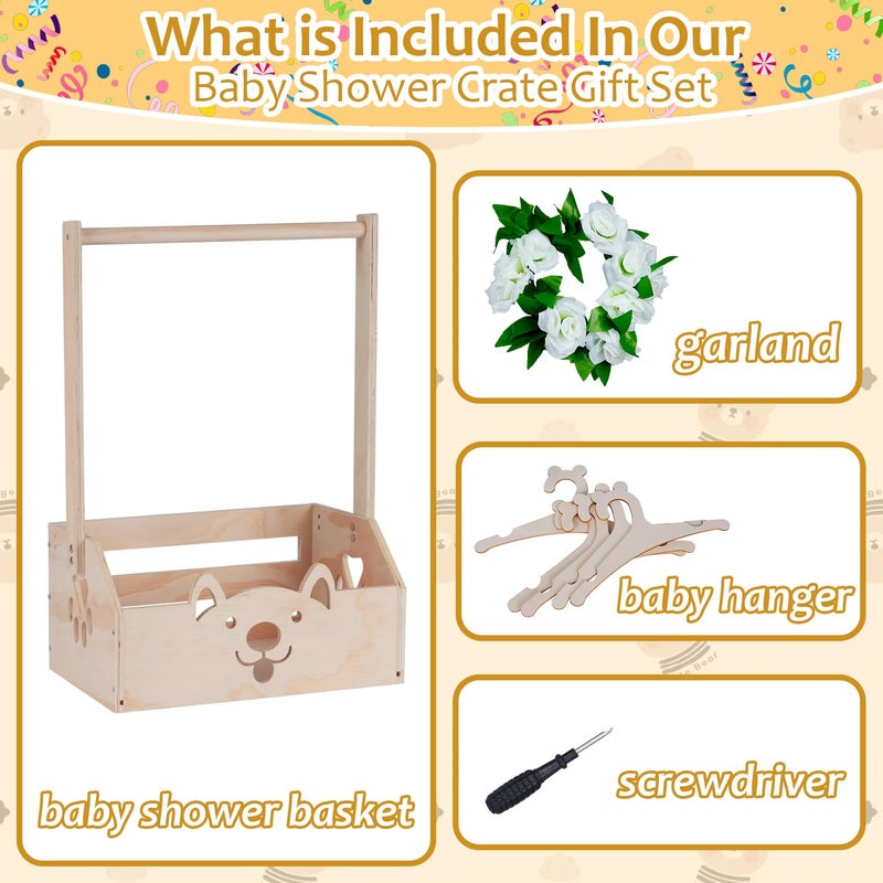 efluky Wooden Baby Shower Crate Closet with Handle, Baby Shower Basket Bear Crate Box, Newborn Boy Girl Welcome Gift Basket,Easy Assembly Baby Baskets for Baby Shower - Image 3